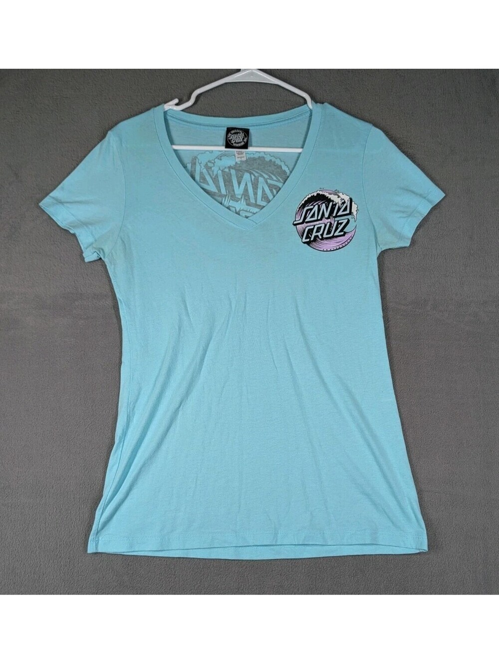 Santa Cruz Womens Large Blue V Neck Skate Graphic Logo T Shirt Casual Surf Tee